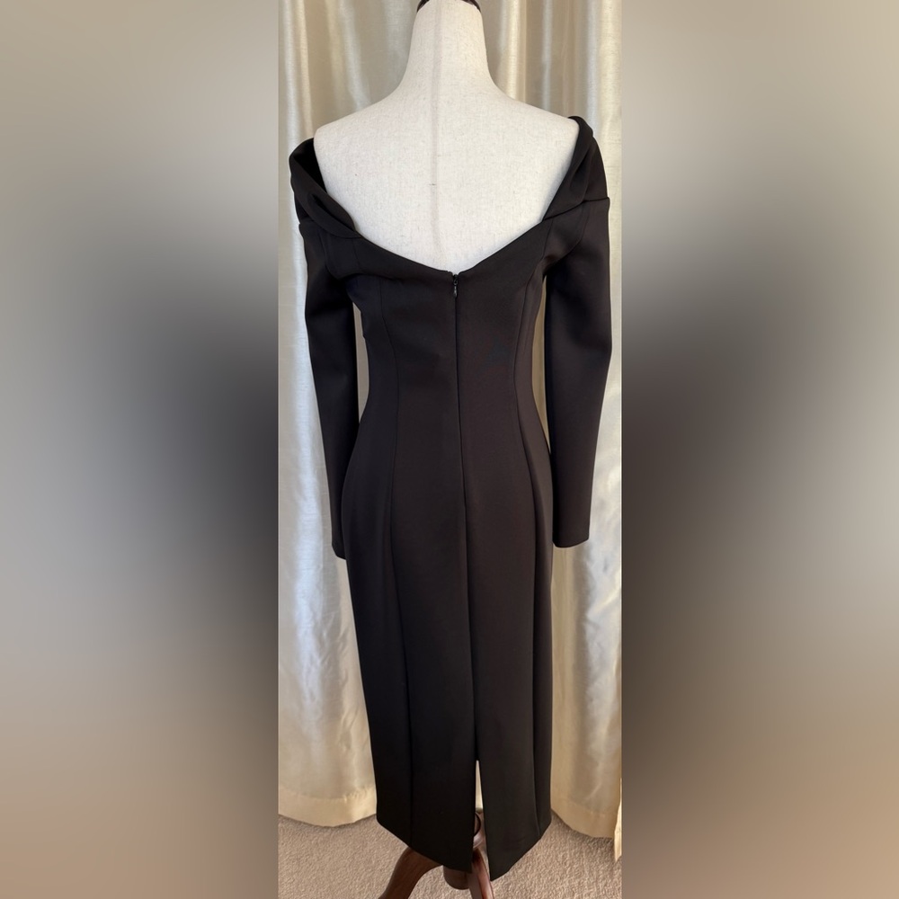Donna Karan Black Folded Neck Off The Shoulder Long Sleeve Midi Dress Size 4 - Picture 4 of 11